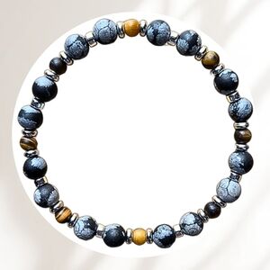 Elegant GENUINE Snowflake Obsidian, Tiger's Eye, and Hematite Bracelet